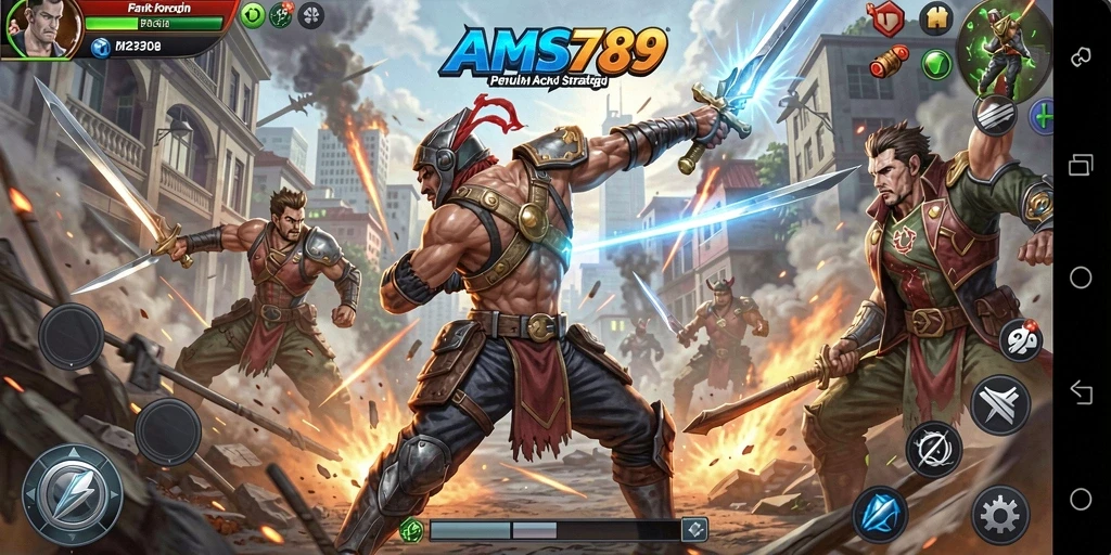 Tangkapan layar AMS789 menunjukkan aksi seru dan karakter beragam dalam gameplay.