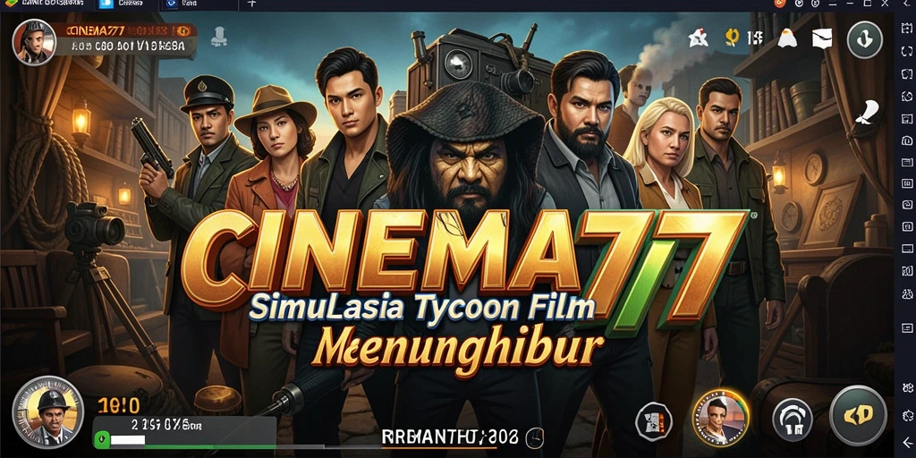 Screenshot utama CINEMA77 menampilkan antarmuka bioskop dengan banyak pengunjung.