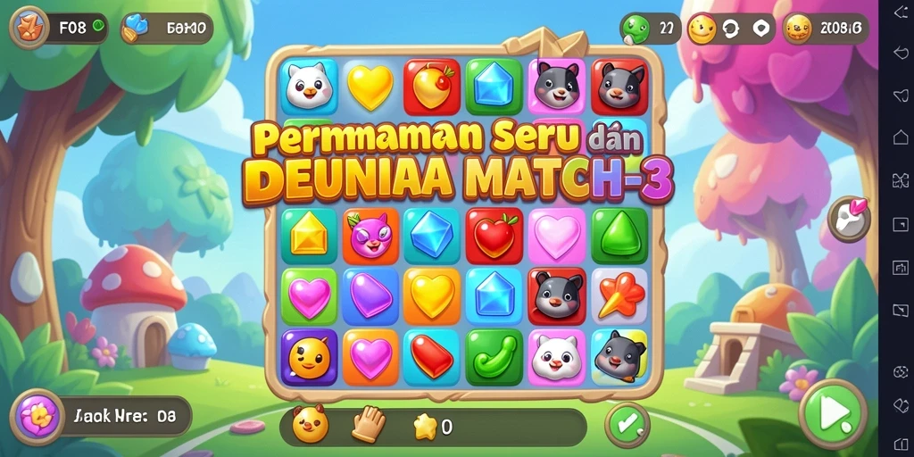 Screenshot gameplay F08 yang menunjukkan kombinasi permata Match-3.