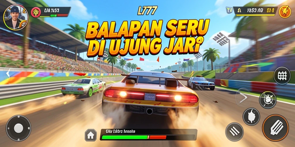 Tampilan gameplay seru dari L777 dengan mobil balap yang melaju kencang.