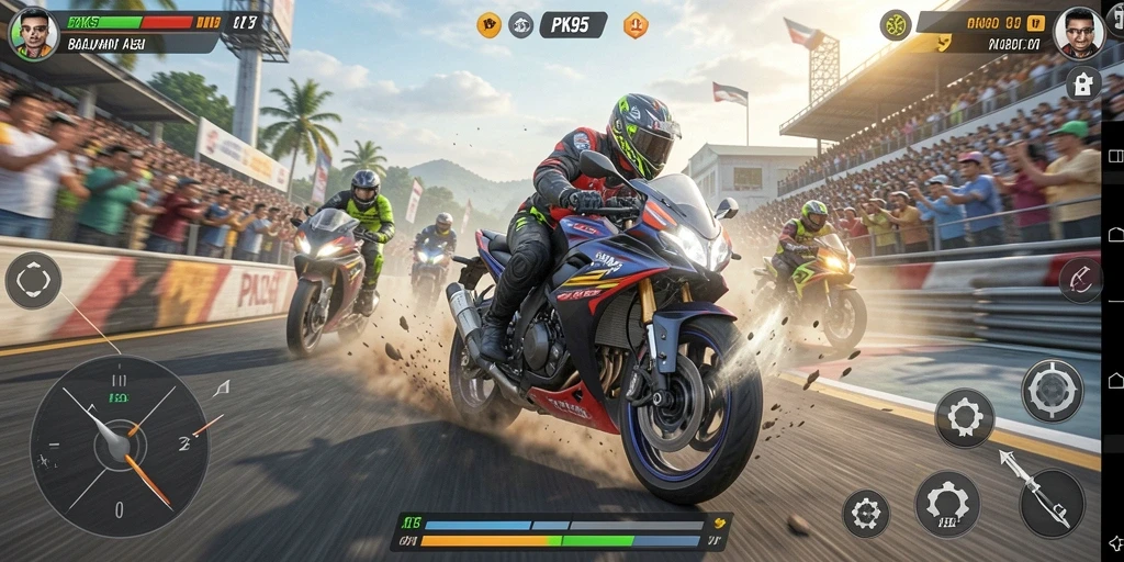 Gameplay PK95 yang menarik dengan balapan motor yang seru.