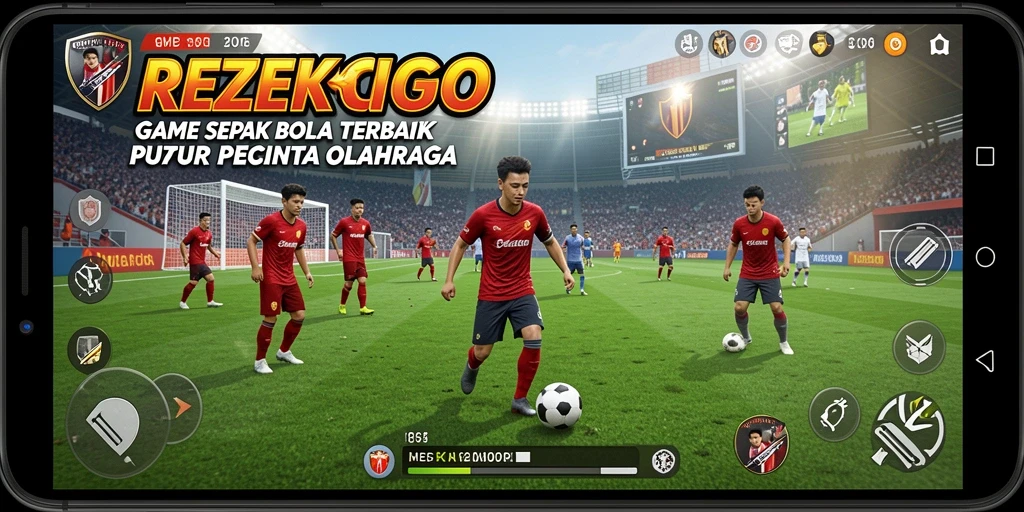 Tangkapan layar gameplay <strong>REZEKIGO</strong> menunjukkan aksi menegangkan di lapangan sepak bola.