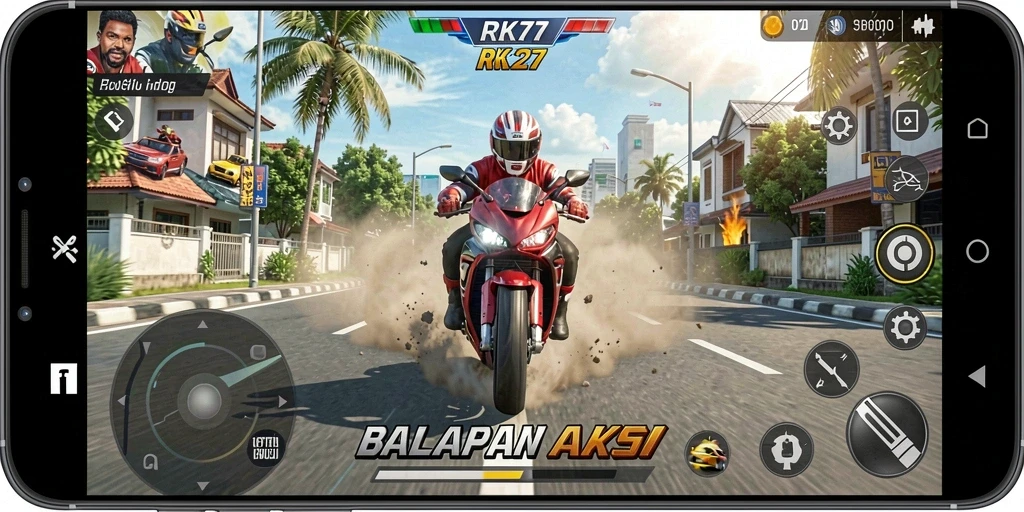 Skrinsut gameplay RK77 menampilkan balapan motor yang mendebarkan di jajaran trek menarik.
