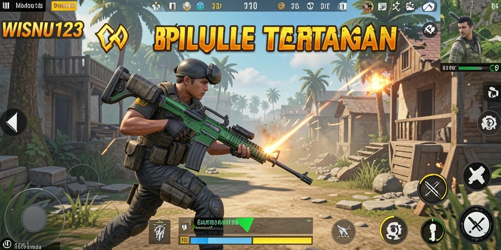 Screenshot gameplay WISNU123 menampilkan pertarungan Battle Royale yang intens.